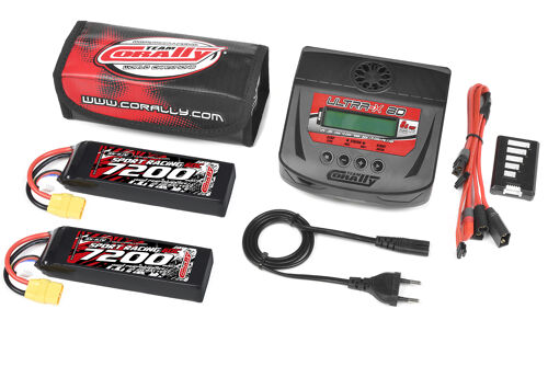 Team Corally - Energy Pack - 2X Lipo 60C - 7200Mah - 3S - XT-90 - Semi-Soft Case + Ultra-X 80 - 1-6S AC/DC Charger + Lipo Safety Bag + Charge-Balance Lead