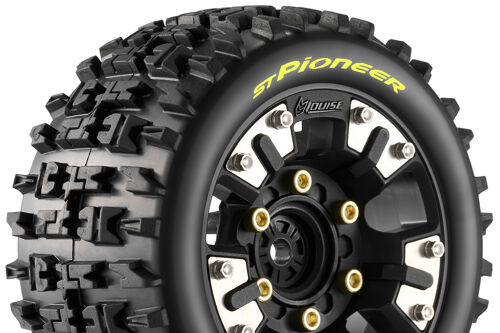 Louise RC - ST-PIONEER - Tire Set for Mini MAXX/XRT - Mounted - Soft - Black Wheels - Removable 0" & 1/2" OFFSET HEX 12mm - L-T3389SM