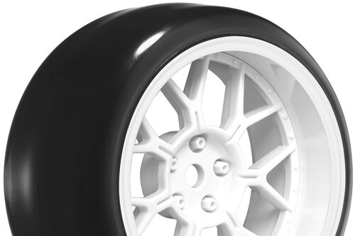 Louise RC - 1/10 Drift Tire Set - Mounted - 14-Spoke Wheels Gloss White - Removable 2,4,6,8mm Offset - Hex 12mm - LNHA564T - 4pcs